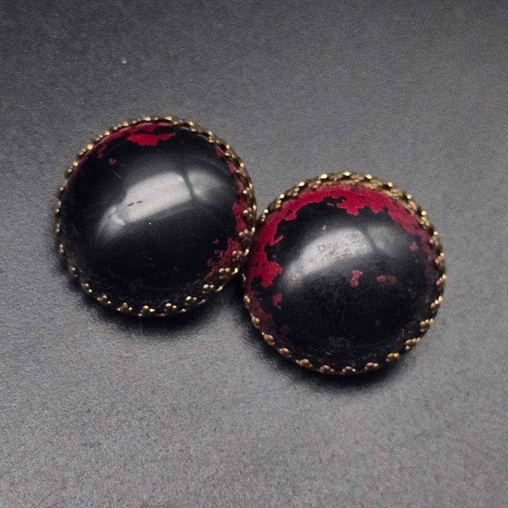 Burgundy Red Black Clip On Earrings Marbled Glass Vintage Costume Jewelry
